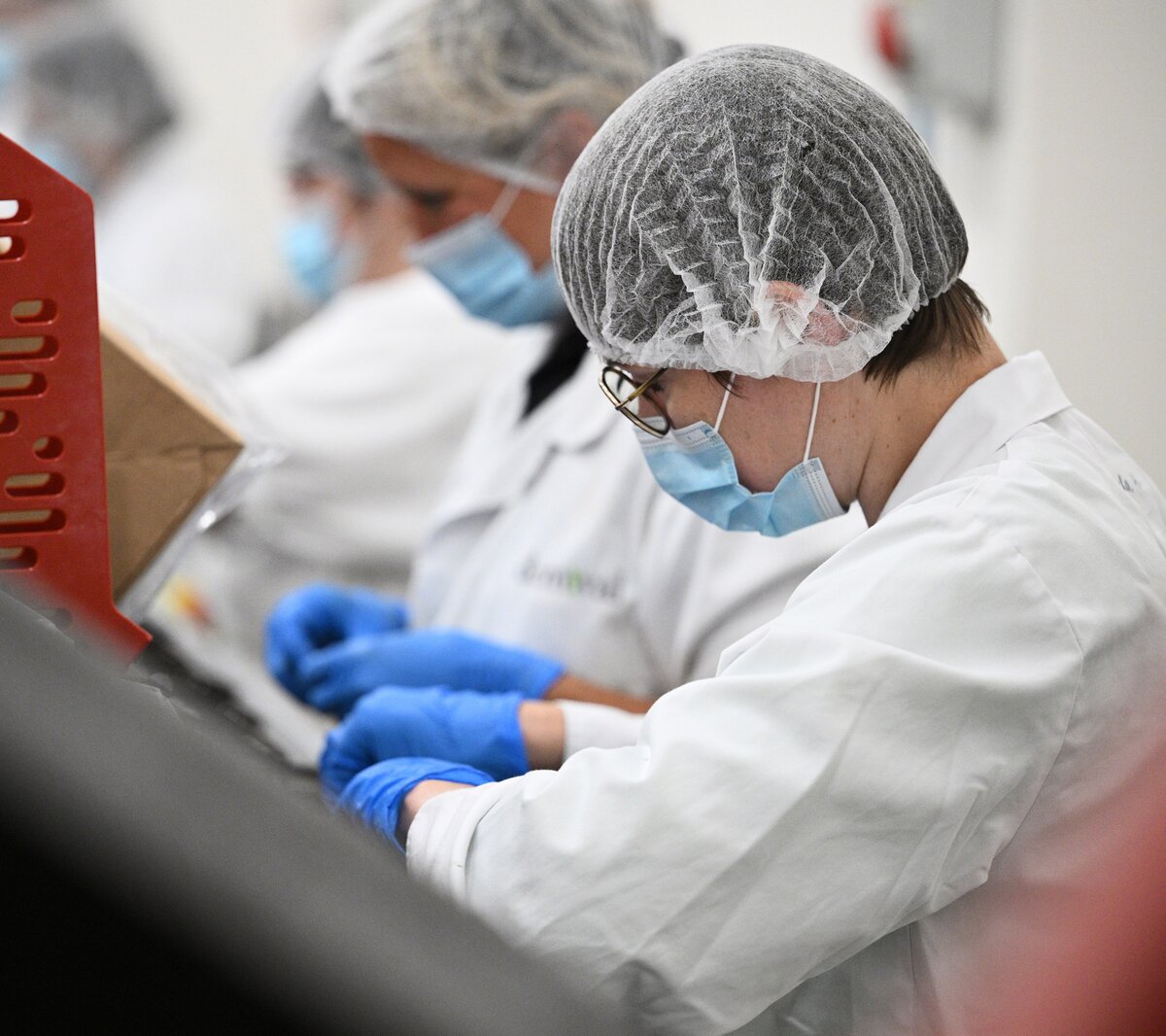 medewerkers vullen blisters met pralines
